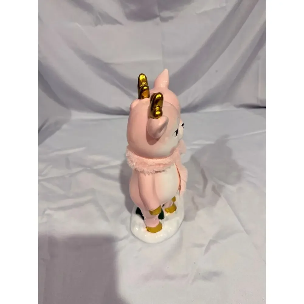 Bella Lux 11” Pink Reindeer Ceramic Figurine Christmas Decor Antlers Faux Fur